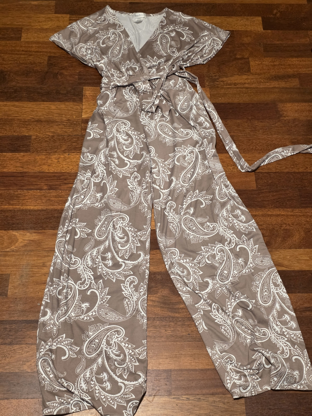 Taupe Paisley Wrap Jumpsuit with Tie Waist